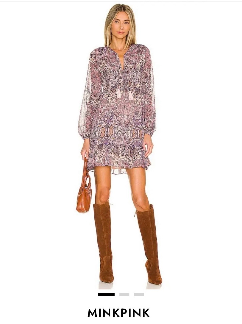 Minkpink Hosseini Shirred Smock Long Sleeve Mini Dress in Purple size M